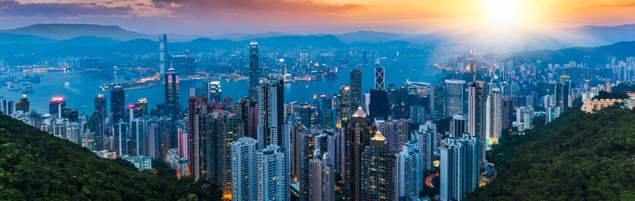 Asian city's skyline at sunset