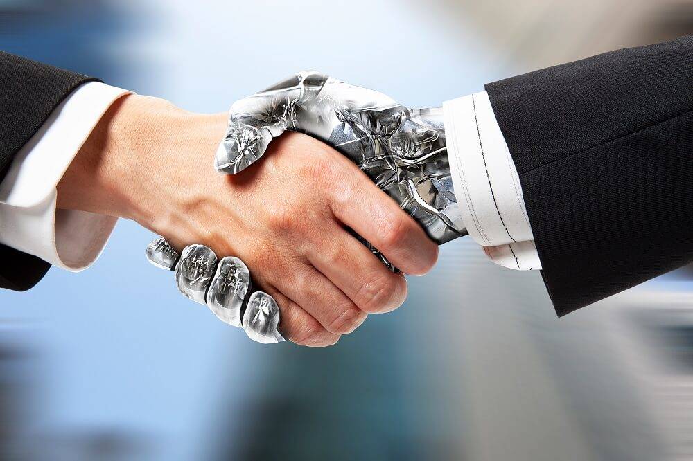human lawyer in a suit shaking hands with a robot also in a suit